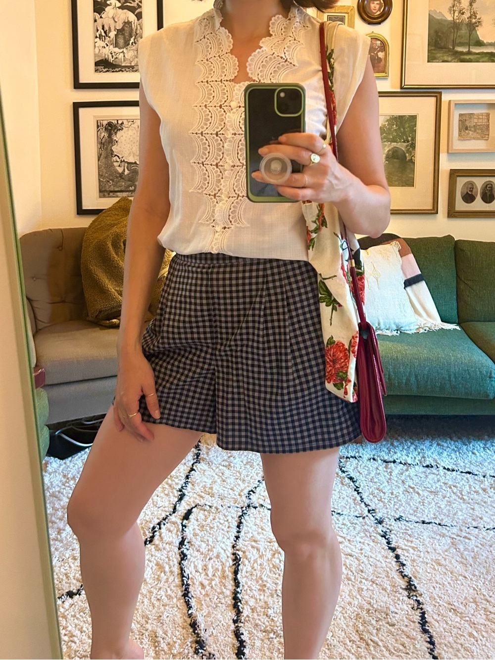 Women's Navy Check High-Waist Pull-On Shorts